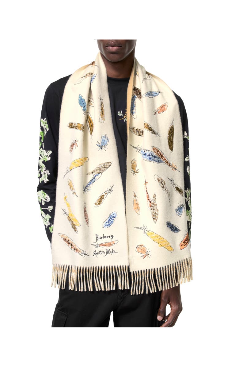 Burberry Feather Print Cashmere Scarf, Alternate, color, Sand Beige