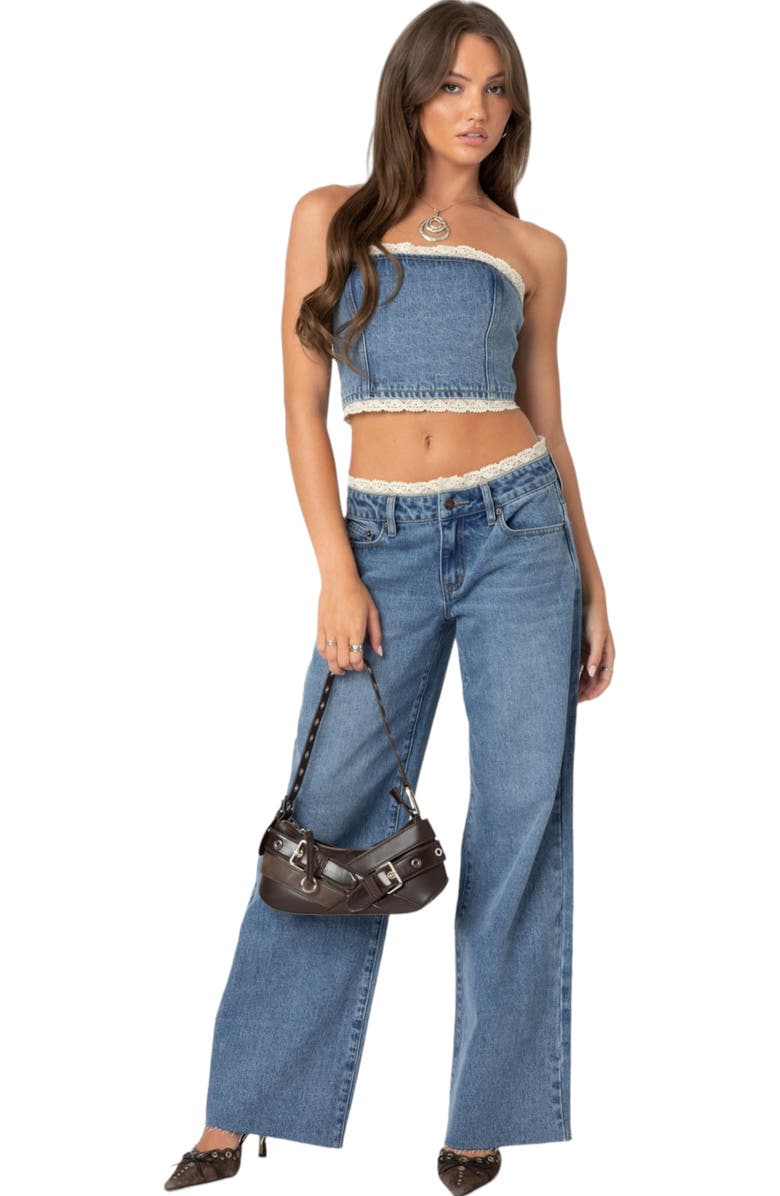EDIKTED Karlie Lace Trim Denim Tube Top, Alternate, color, Blue