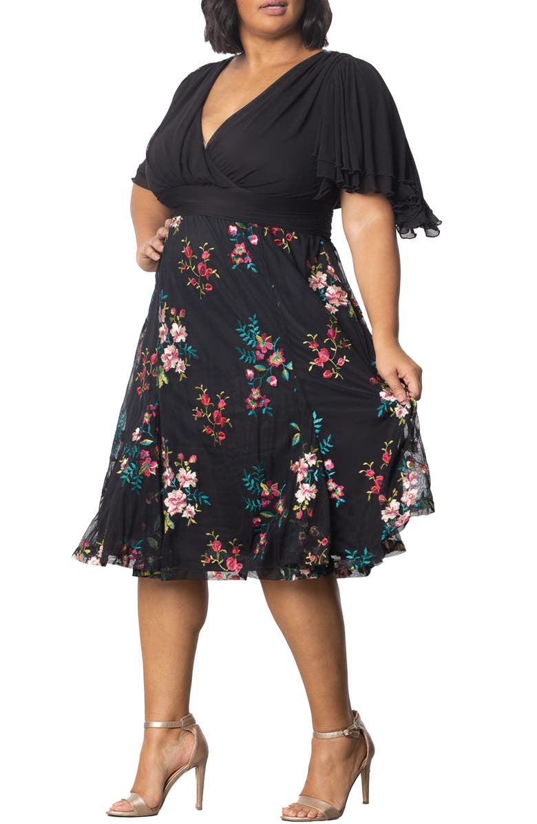 Kiyonna Lillian Embroidered Flutter Sleeve Cocktail Dress, Alternate, color, Onyx