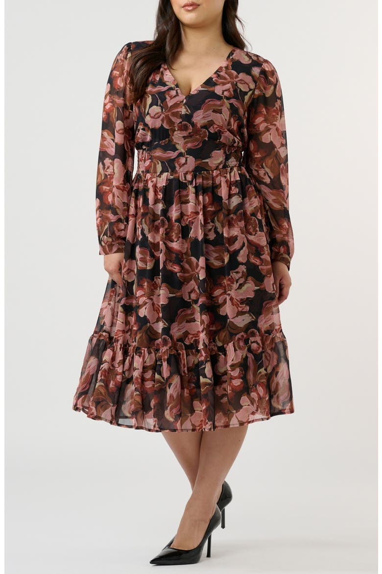 Natalia Floral Long Sleeve Midi Dress, Main, color, CHOCOLATE/ BLUSH