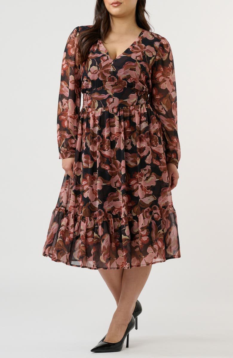 Estelle Natalia Floral Long Sleeve Midi Dress, Main, color, Chocolate/ Blush