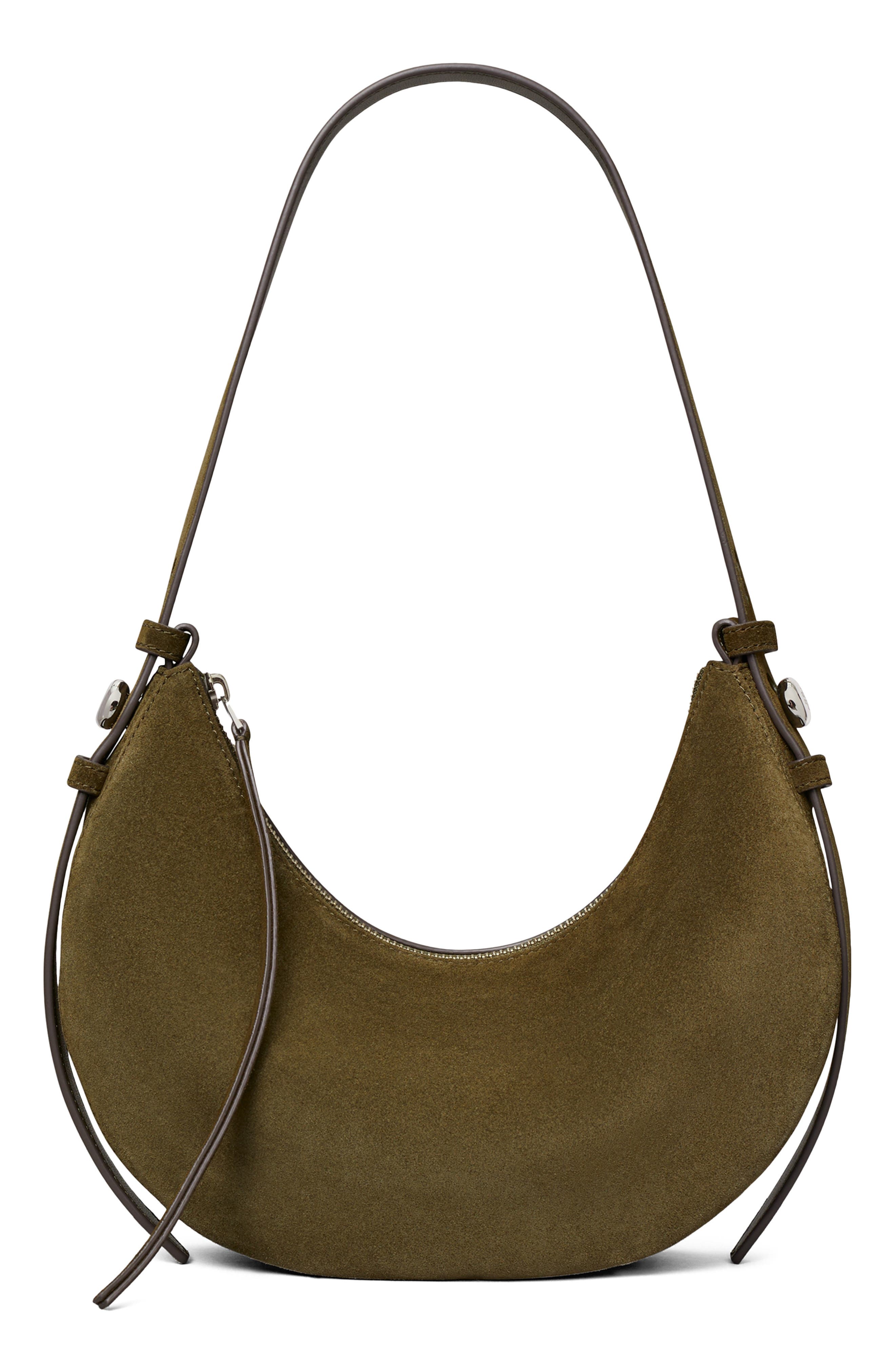 Tory Burch Romy Suede Half Moon Shoulder Bag, Main, color, Leccio
