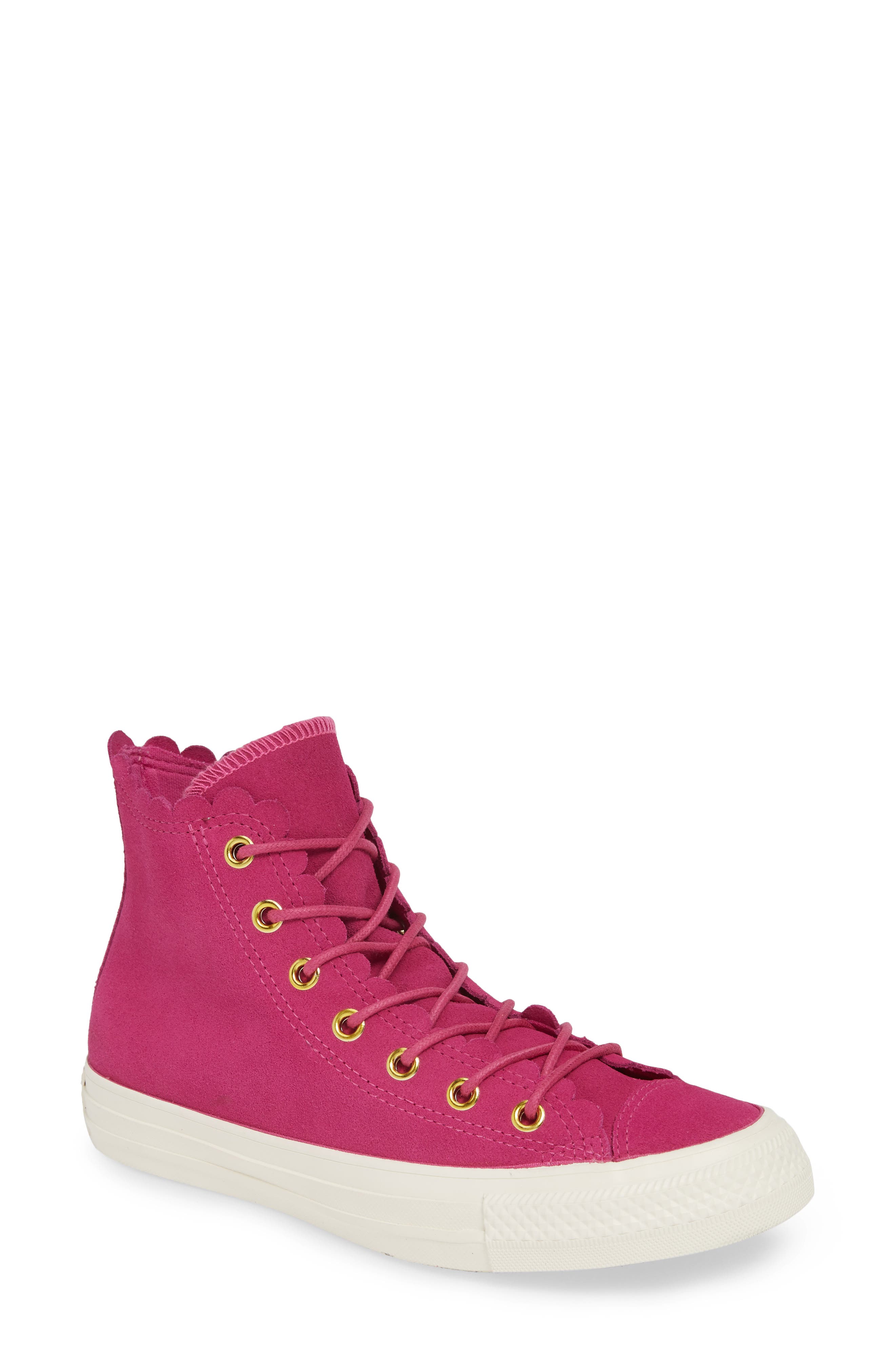 Chuck Taylor® All Star® Scallop High Top Suede Sneaker, Main, color, ACTIVE FUCHSIA/ GOLD/ EGRET