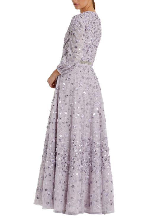 Mac Duggal Floral Applique Puff Sleeve High Neck A-line Gown In Gray