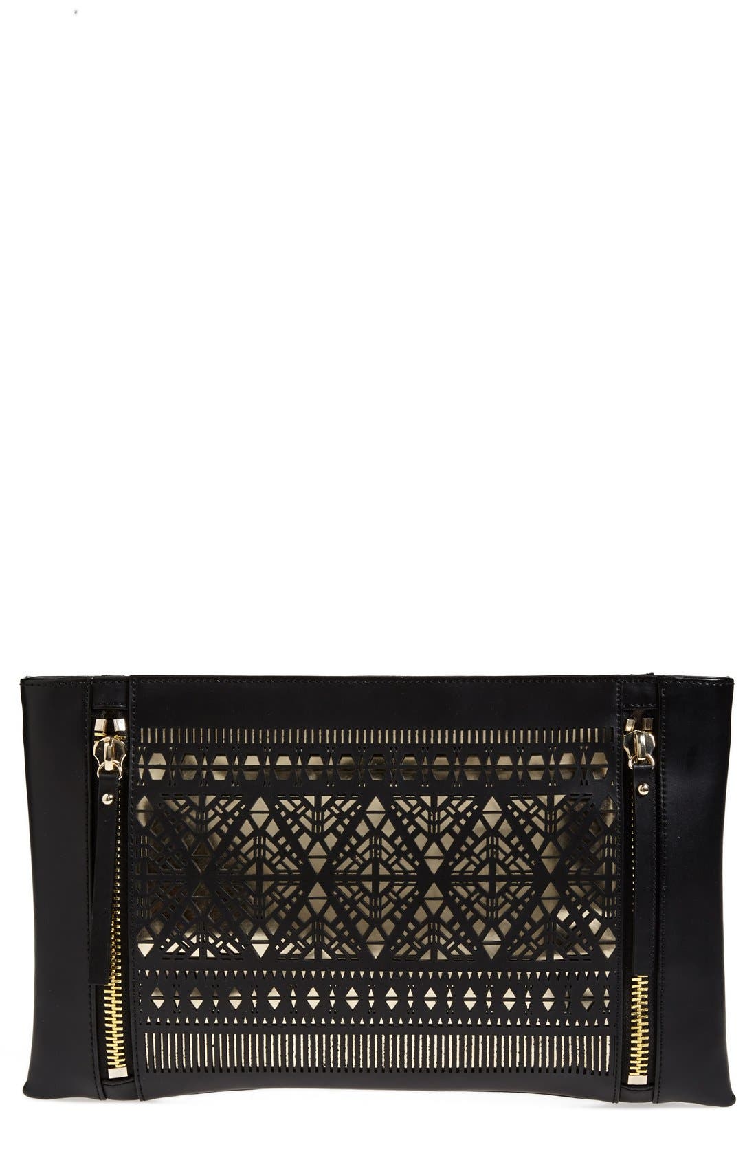 'Lila' Leather Clutch, Main, color, BLACK/ PALE GOLD