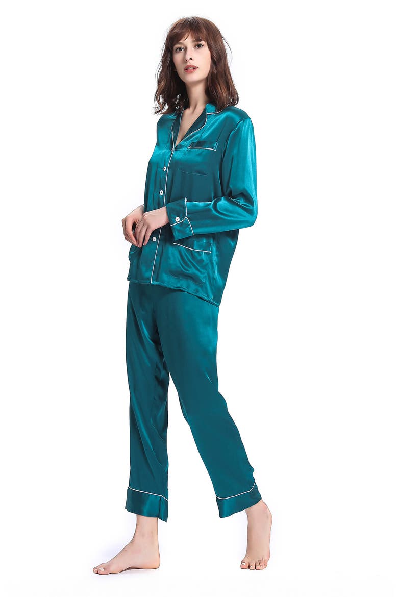 Women's Chic Trimmed Silk Pajama Set, Alternate, color, Dark Teal