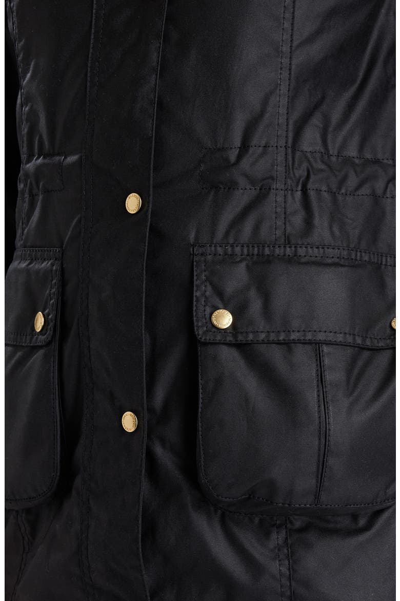 Barbour B.INTL Kirk Hooded Waxed Cotton Jacket with Faux Fur Trim, Alternate, color, BLACK