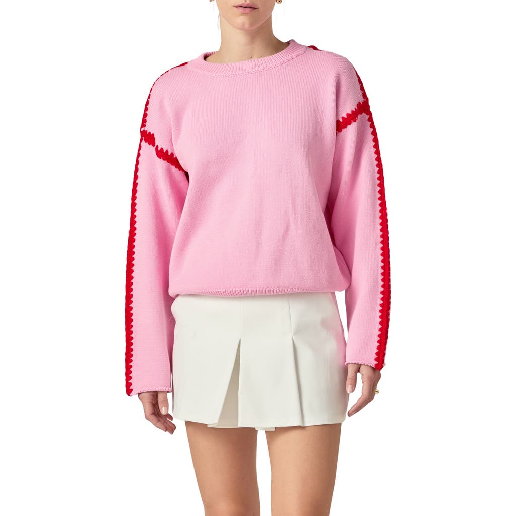 English Factory Stitch Detail Relaxed Fit Cotton Sweater In Pink