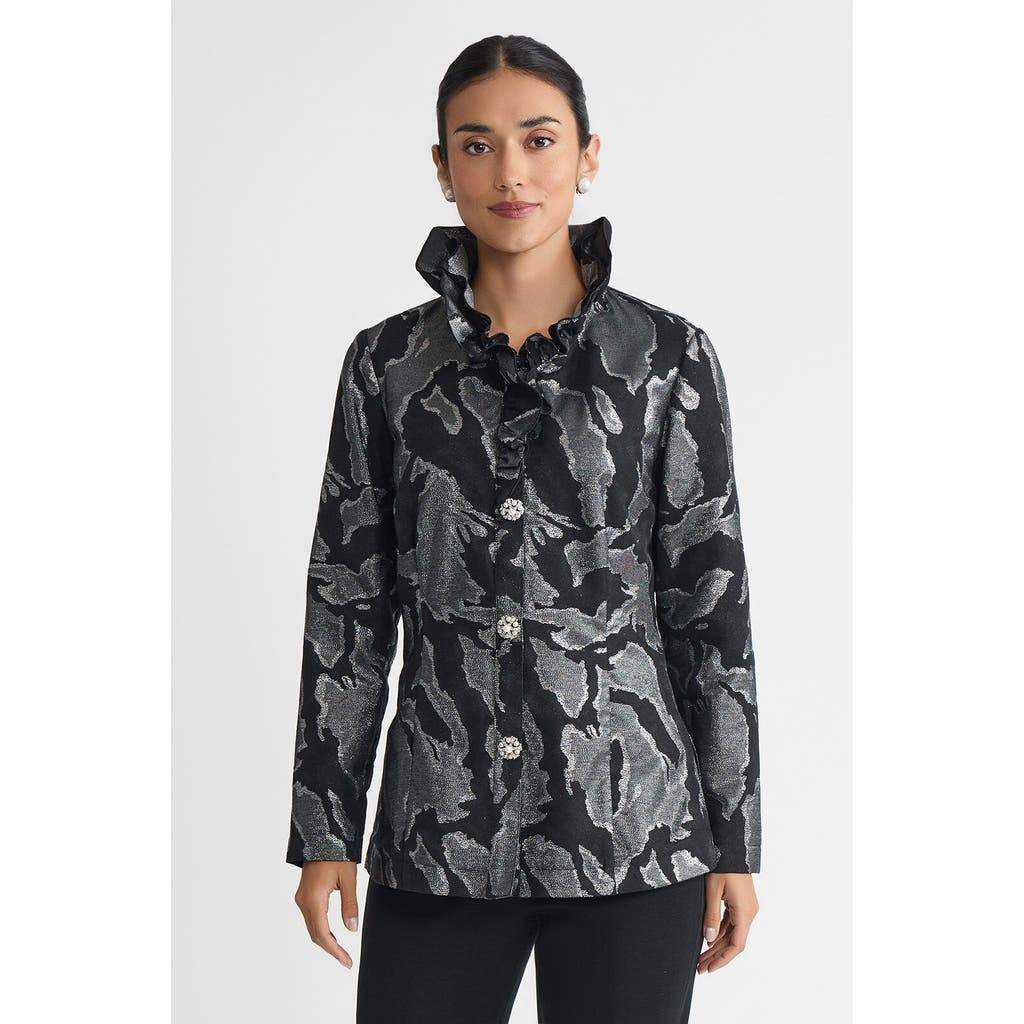 Ming Wang Tailored Shimmer Ruffle Neck Woven Jacquard Jacket In Multi