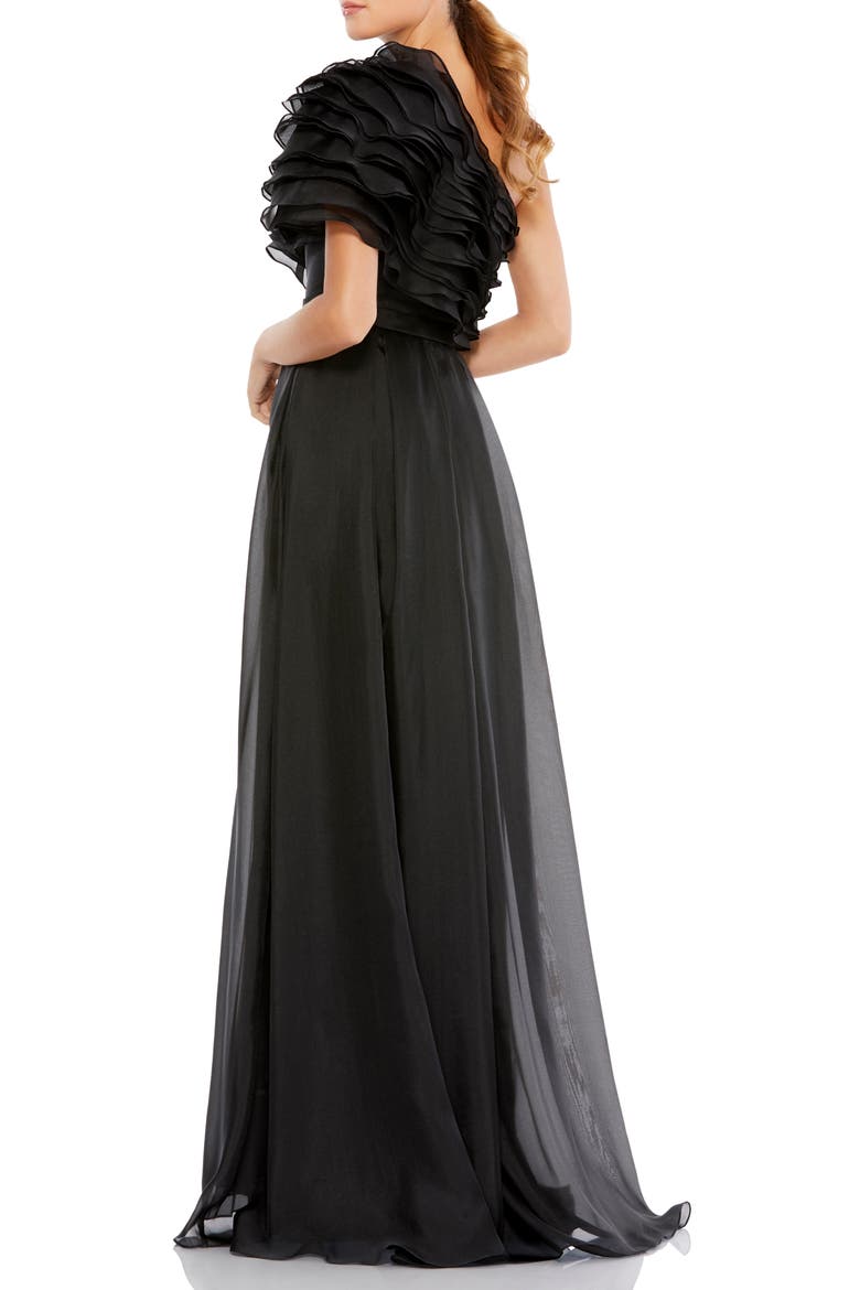 Ruffle Layered One Shoulder Gown, Alternate, color, BLACK