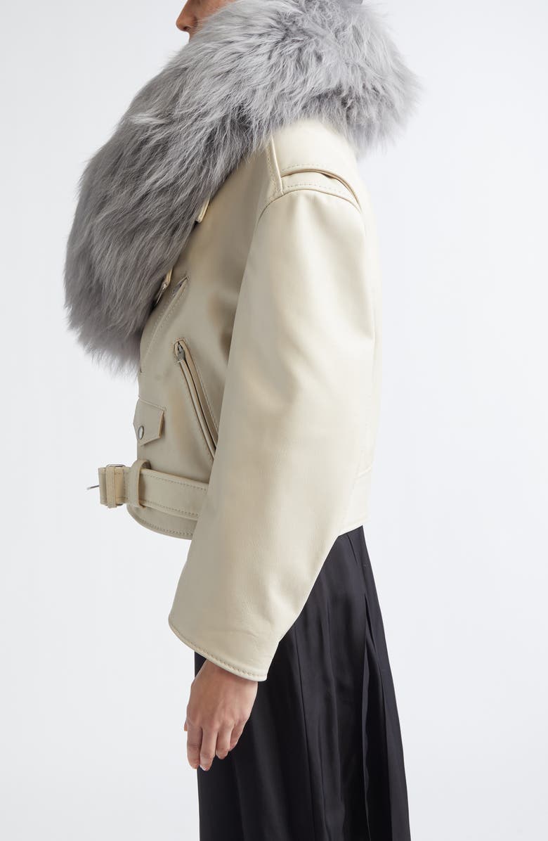 Marni Leather Biker Jacket with Genuine Shearling Collar, Alternate, color, Pearl
