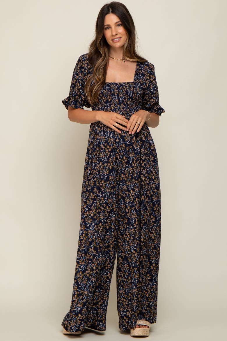 Floral Smocked Jumpsuit, Alternate, color, Navy Blue