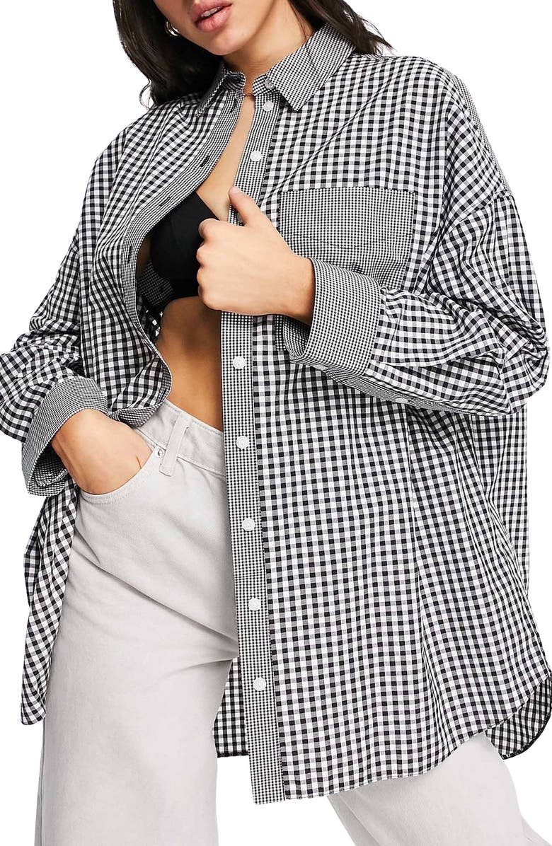 Topshop Women's Gingham Check Oversize Button-Up Shirt, Main, color, 