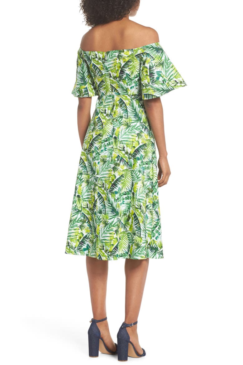 Palm Print Off the Shoulder Dress, Alternate, color, SOFT WHITE/ GREEN