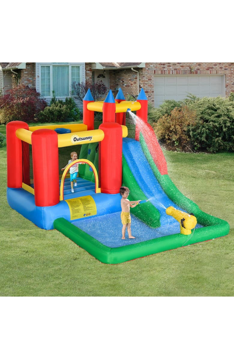 Outsunny 6-in-1 Kids Bounce House Inflatable Water Slide Outdoor, Alternate, color, Multi Color