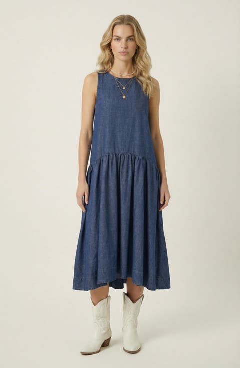 Sleeveless Drop-Waist Gathered Relaxed-Fit Midi Dress