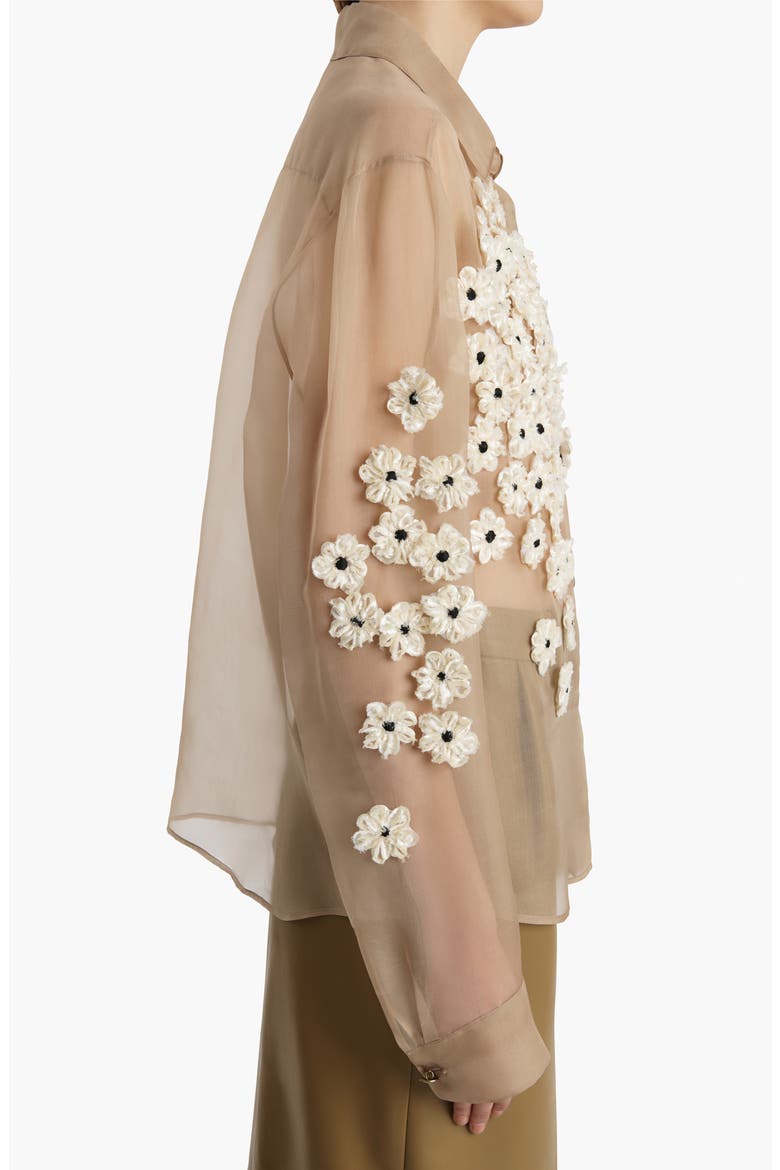 Argo Floral Appliqué Sheer Silk Organza Button-Up Shirt, Alternate, color, TEA STAIN SCATTER