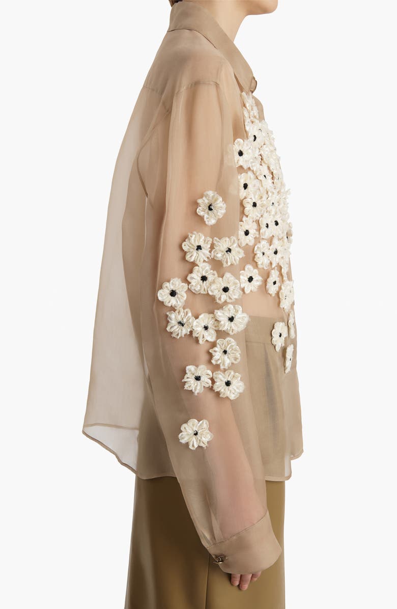 Khaite Argo Floral Appliqué Sheer Silk Organza Button-Up Shirt, Alternate, color, Tea Stain Scatter