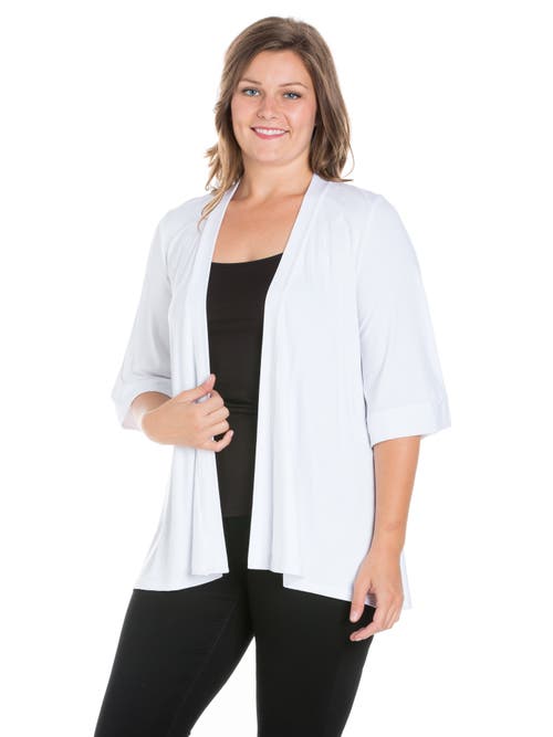 24seven Comfort Apparel Plus Size Elbow Length Sleeve Open Front Cardigan In White