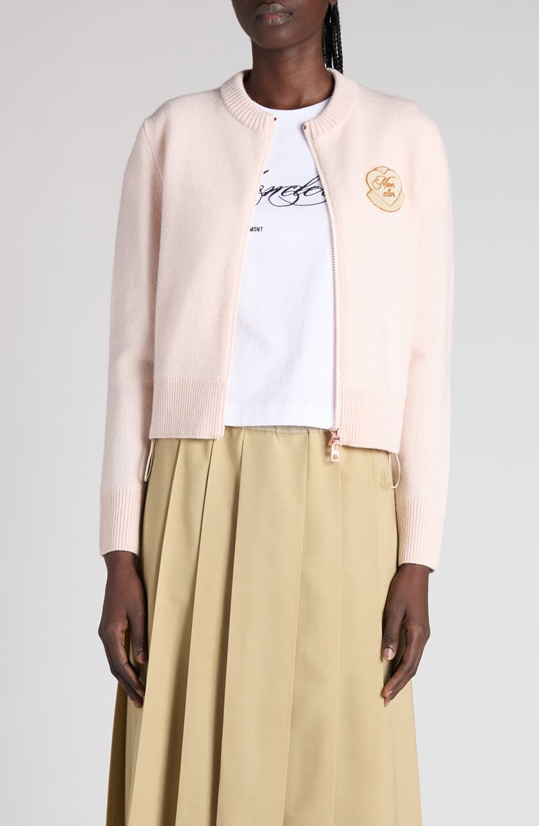 Moncler Heart Patch Virgin Wool & Cashmere Cardigan, Main, color, Rose Shadow
