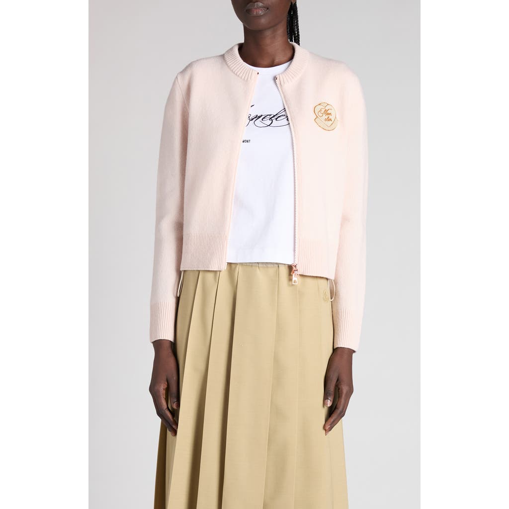 Moncler Wool-cashmere Heart Patch Cardigan In Pink