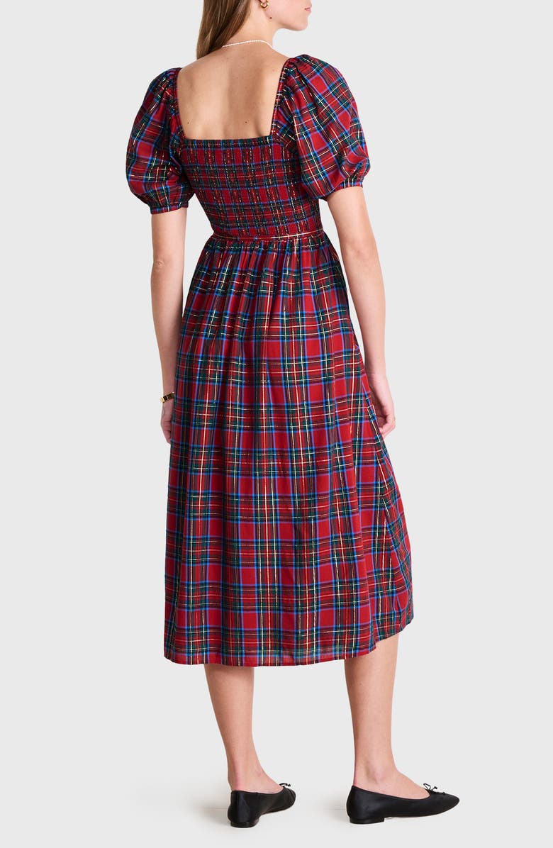 vineyard vines Ellen Plaid Puff Sleeve Midi Dress, Alternate, color, Yuletide Tartan Red
