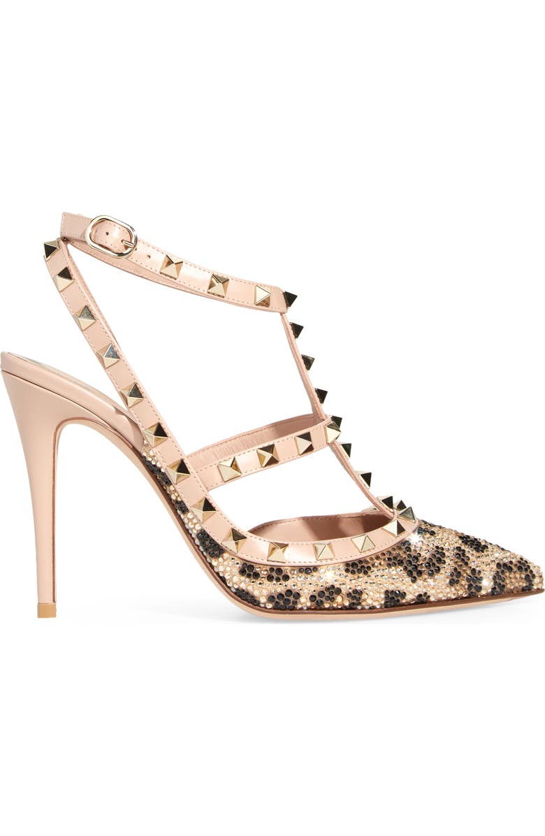 Valentino Garavani Rockstud Crystal Leopard Spot Pointed Toe T-Strap Pump, Alternate, color,