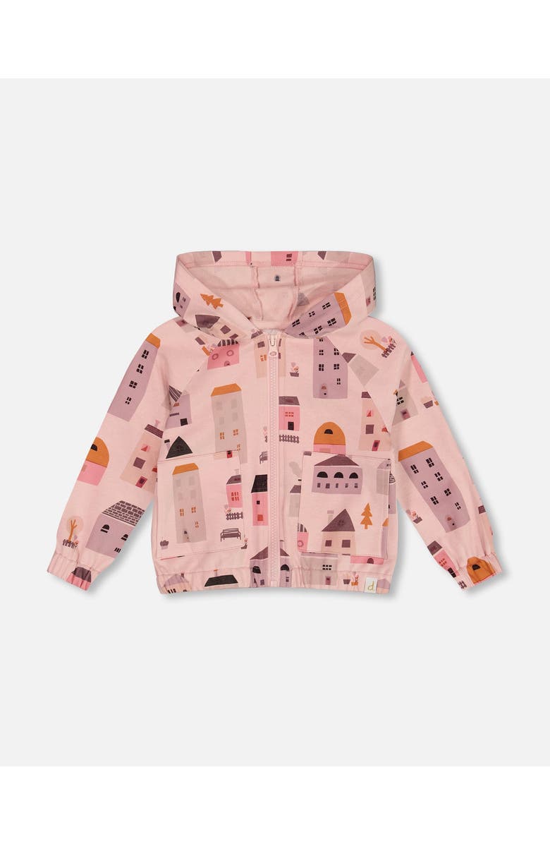 Deux par Deux Baby Girl's Printed French Terry Hoodie Cardigan Pink And Coral Houses, Main, color,