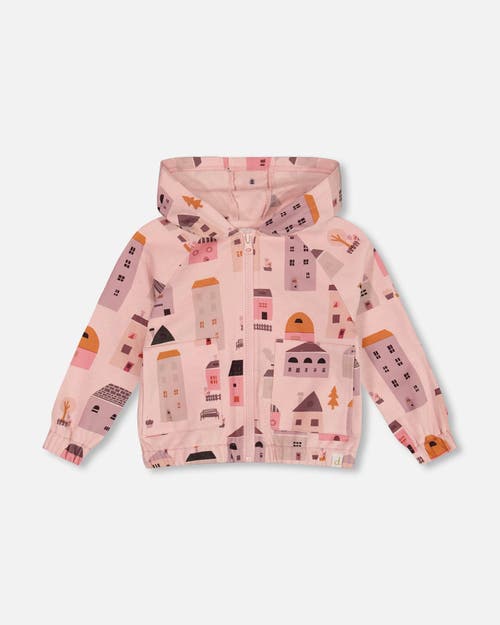 Deux Par Deux Little Girl's Printed French Terry Hoodie Cardigan Pink And Coral Houses In Pink And Coral Houses