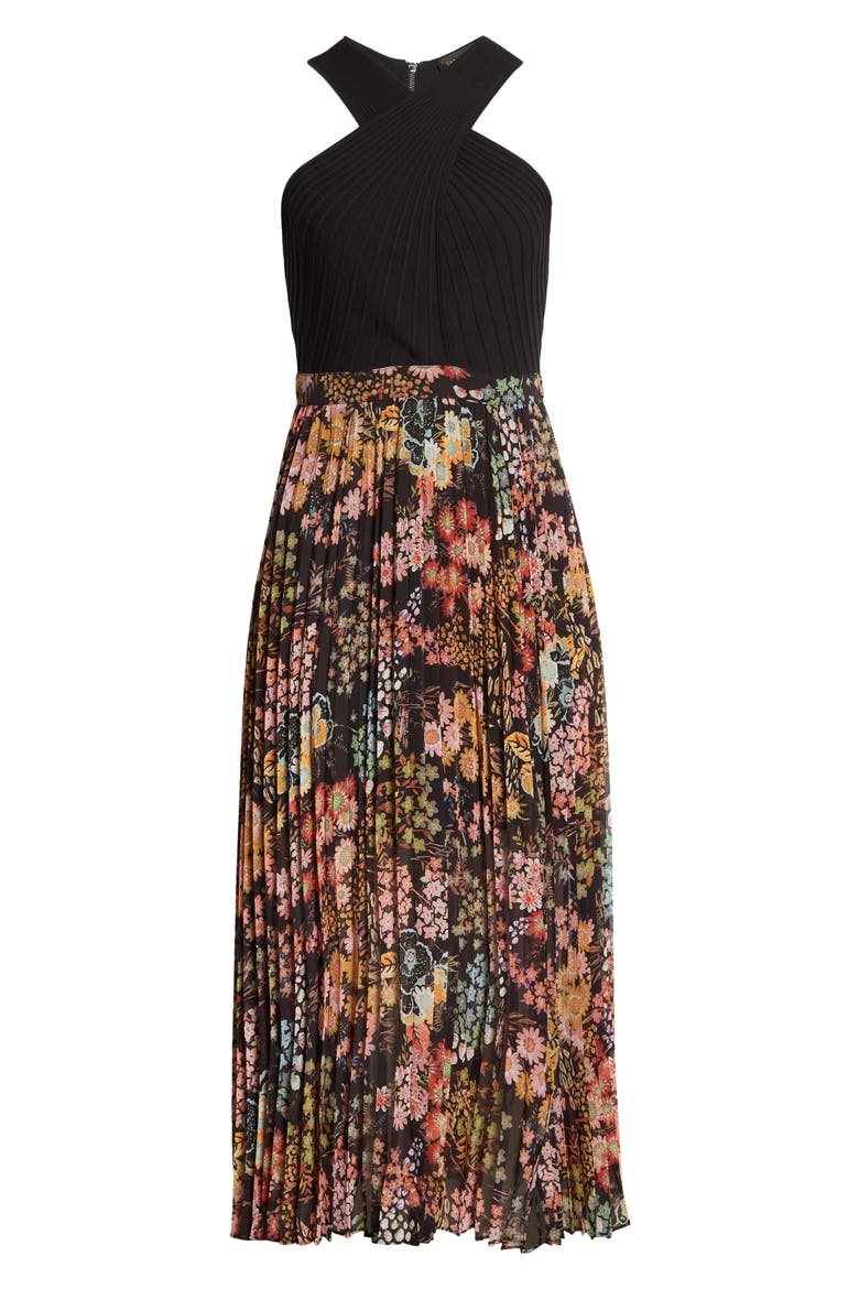 Aquila Pleated Mixed Media Cross Front Dress, Alternate, color, BLACK