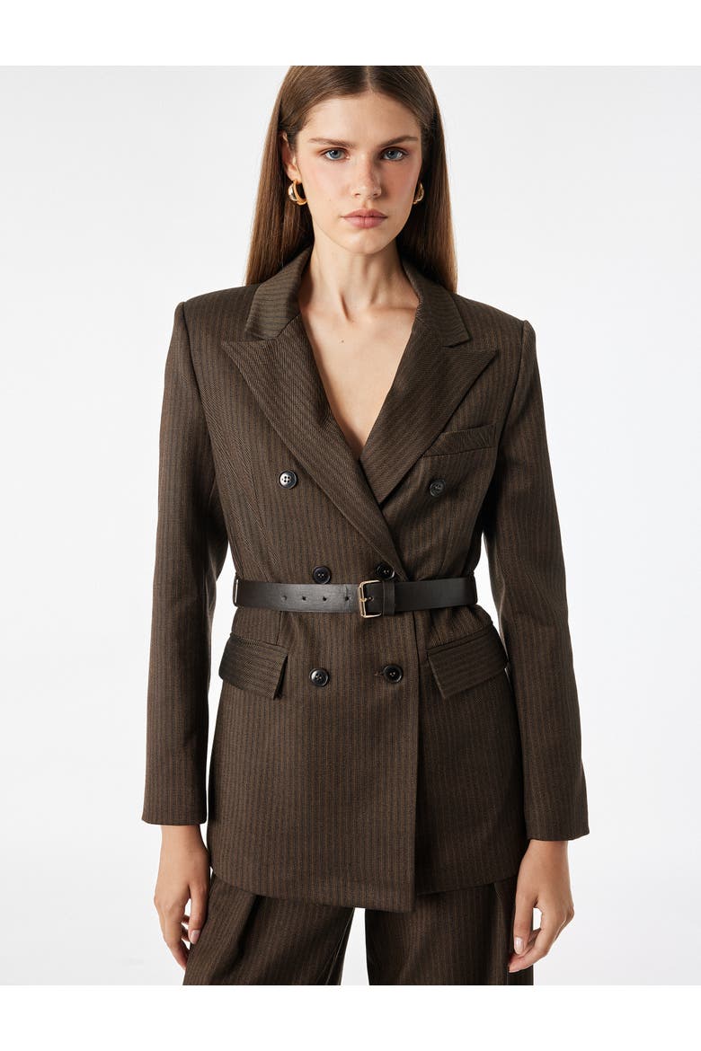 Long Sleeve Double-Breasted Belted Striped Blazer, Alternate, color, BROWN STRIPE