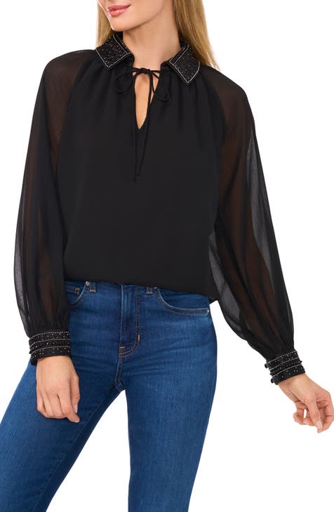 CECE Collared Clip 2024 Dot Sleeve Top, Sheer Sleeve, Dressy Top, Medium, Black, NWT