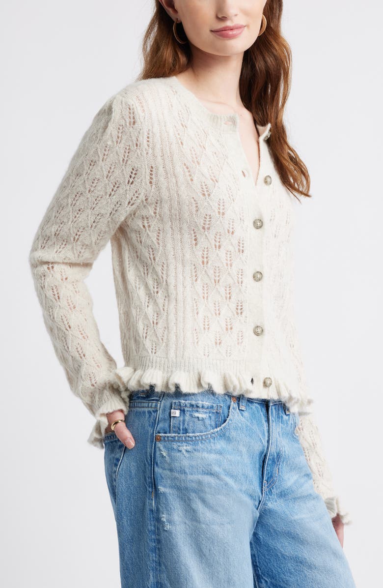 Treasure & Bond Pointelle Ruffle Edge Cardigan, Alternate, color, Beige Oatmeal Light Heather