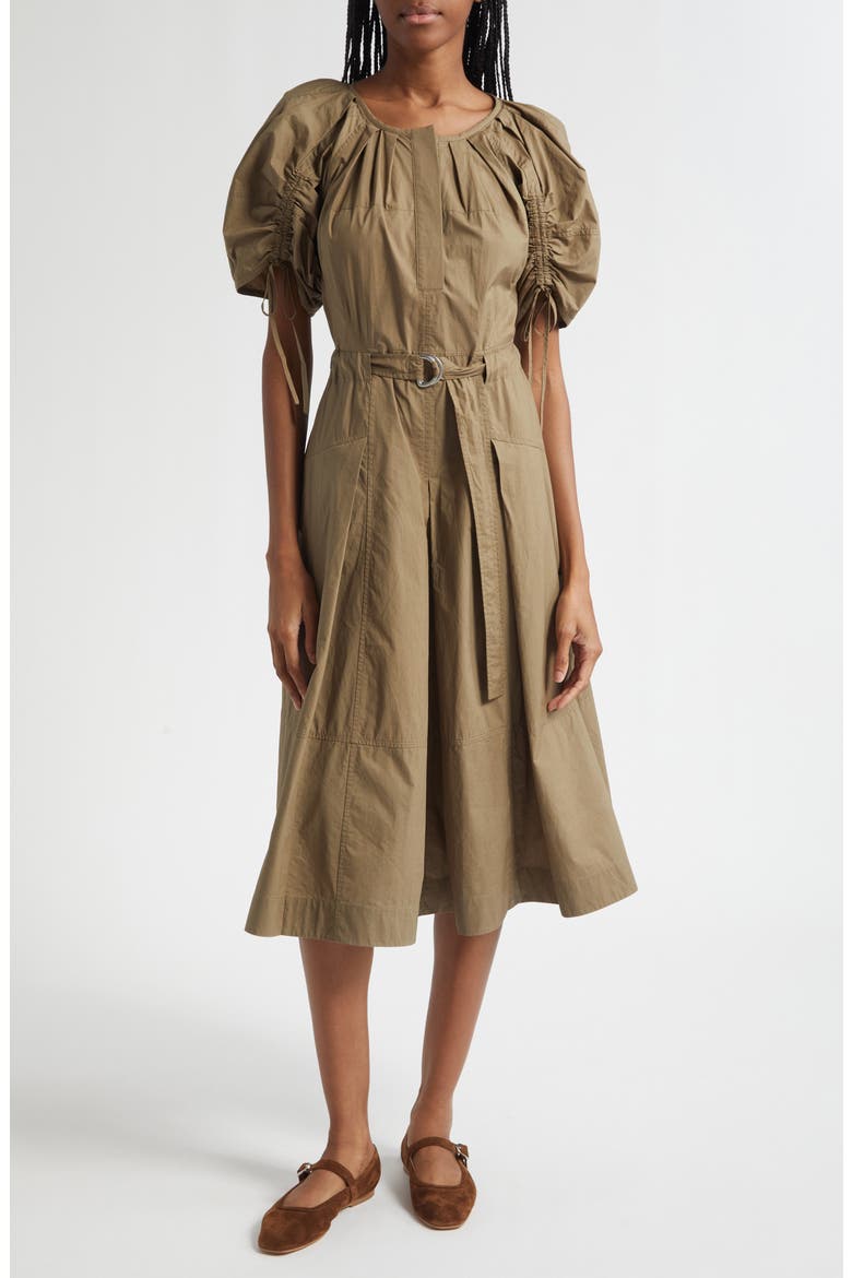 Puff Drawstring Sleeve Cotton Midi Dress, Main, color, CAPER