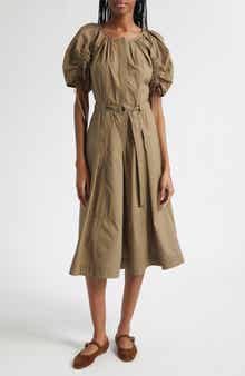 Puff Drawstring Sleeve Cotton Midi Dress