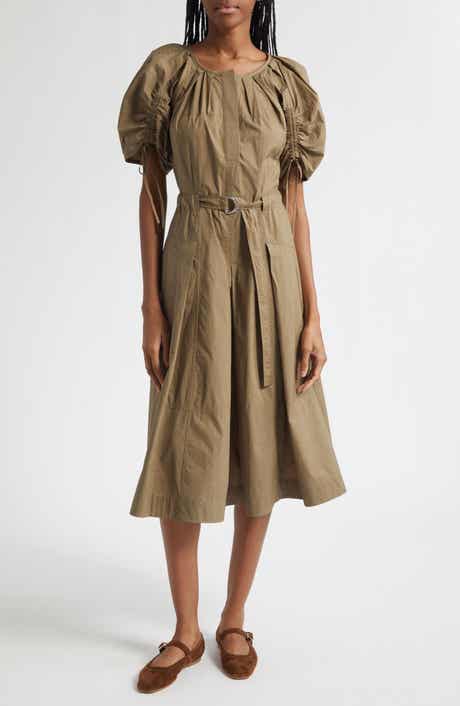 Puff Drawstring Sleeve Cotton Midi Dress