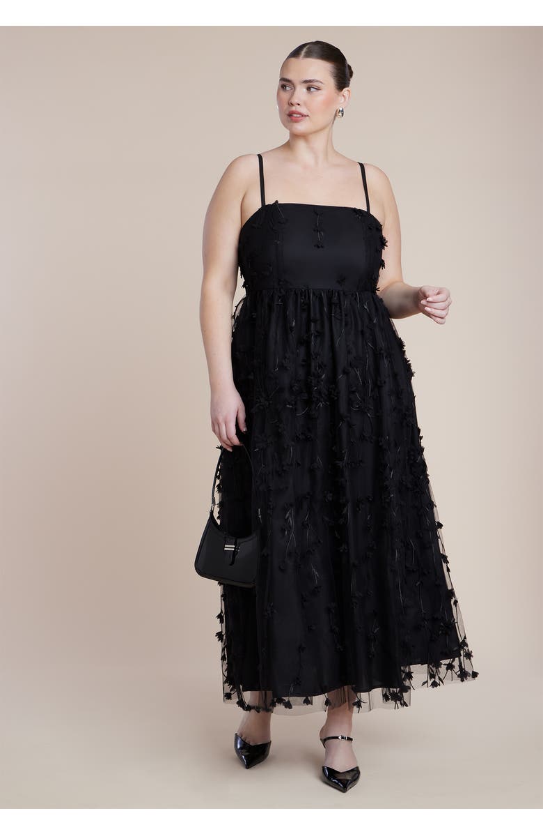 ELOQUII Floral Applique Dress, Alternate, color, Black Onyx