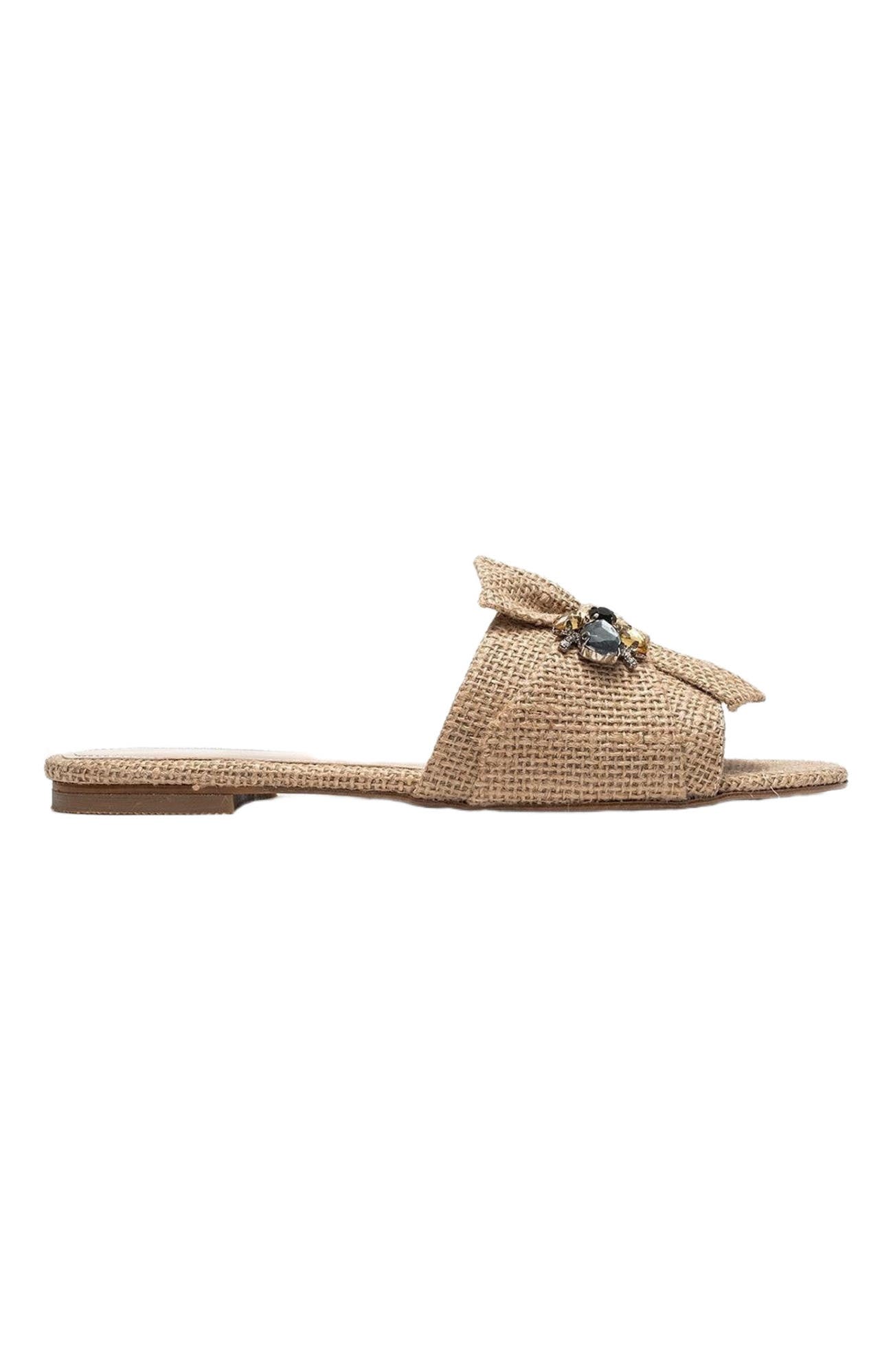 Prologue Shoes Daphne Raffia Bow Slide Sandal, Alternate, color, Beige Faux Leather