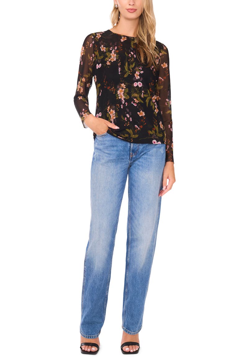 Floral Long Sleeve Mesh Top, Alternate, color, RICH BLACK