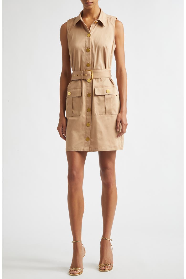 Noira Military Sleeveless Stretch Cotton Shirtdress, Main, color, CAPPUCCINO
