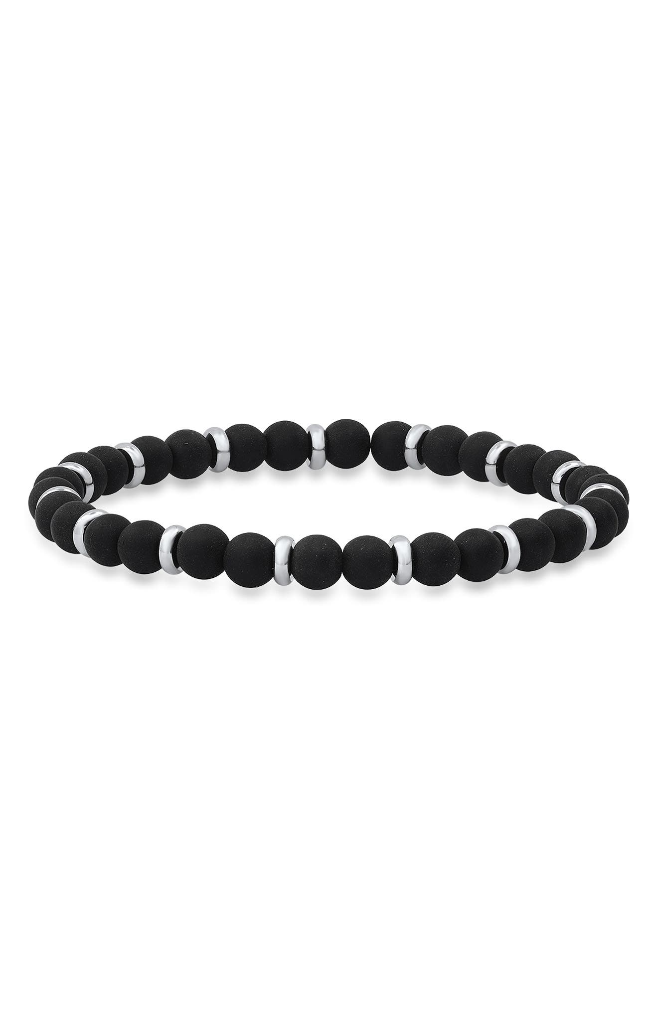 HMY JEWELRY Black Lava Stone & Stainless Steel Bracelet