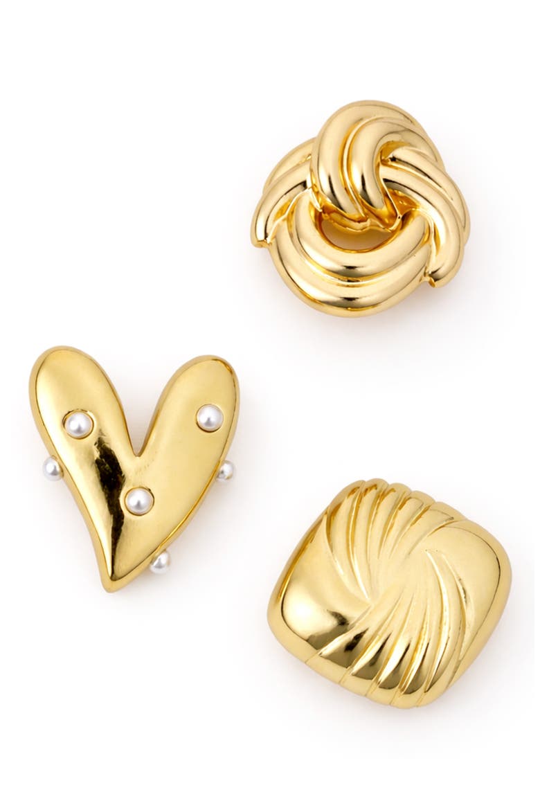 Set of 3 Heart, Knot & Square Brooches, Main, color, GOLD