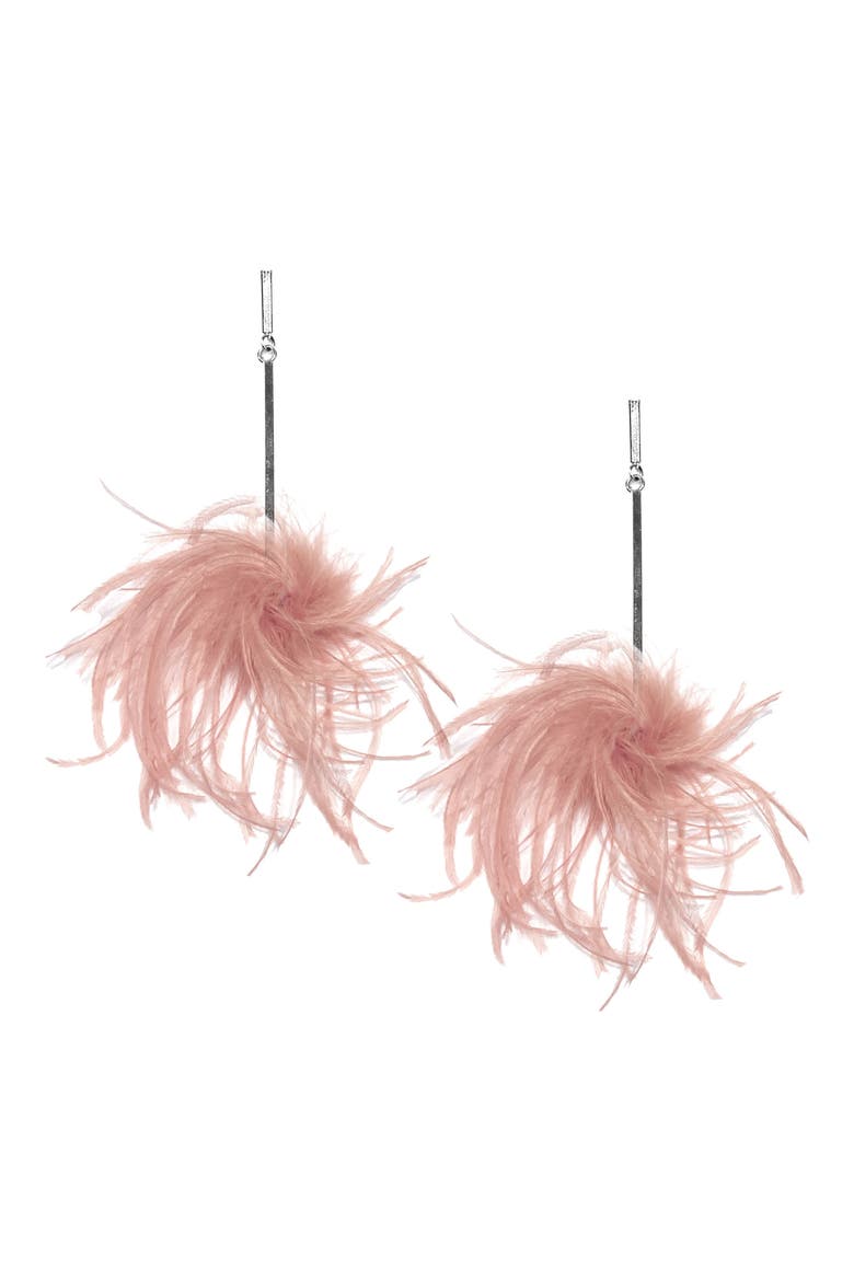 Ostrich Pompom Earrings, Main, color, SILVER/ BLUSH