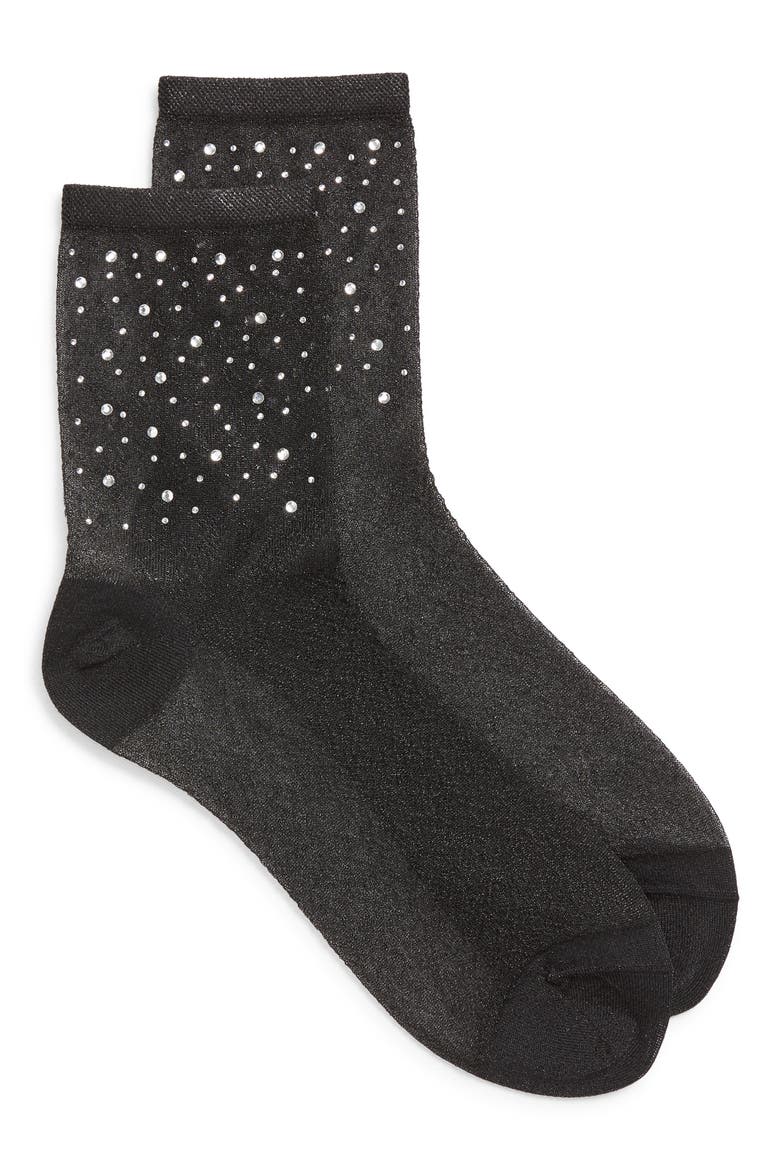 Rhinestone Metallic Quarter Socks, Alternate, color, BLACK