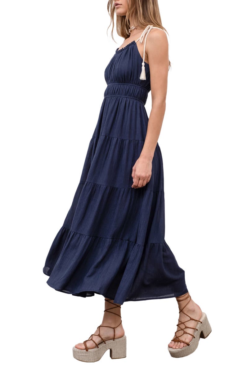 MOON RIVER Tie Strap Shirred Midi Dress, Alternate, color,