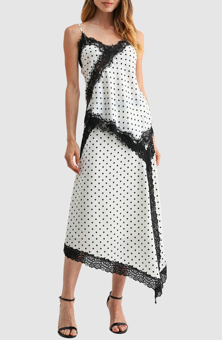 Lush Asymmetric Lace Trim Satin Midi Skirt, Alternate, color, White Black Dot