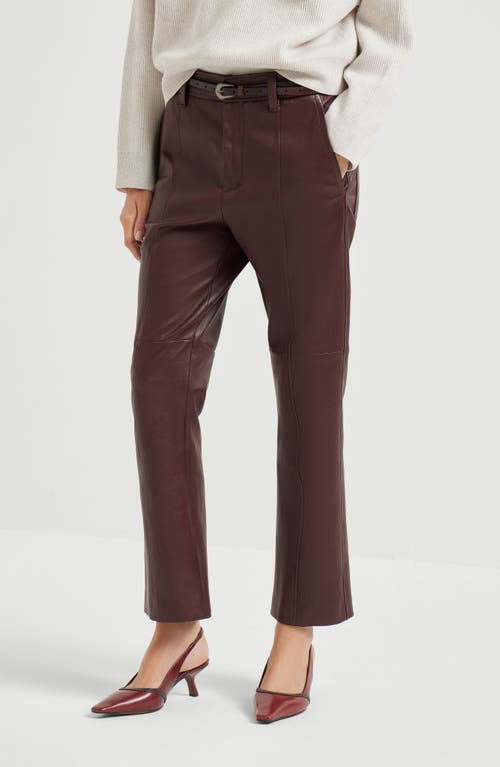 Brunello Cucinelli Women Stretch Nappa Leather Square Cigarette Trousers With Jewellery In Brown
