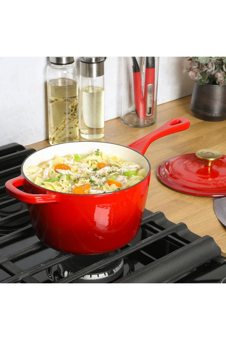 3 Quart Enameled Cast Iron Saucepan with Lid, Alternate, color, Red