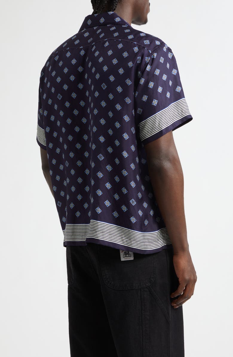 Bode Foyer Diamond Print Short Sleeve Silk Button-Up Shirt, Alternate, color, Navy Blue