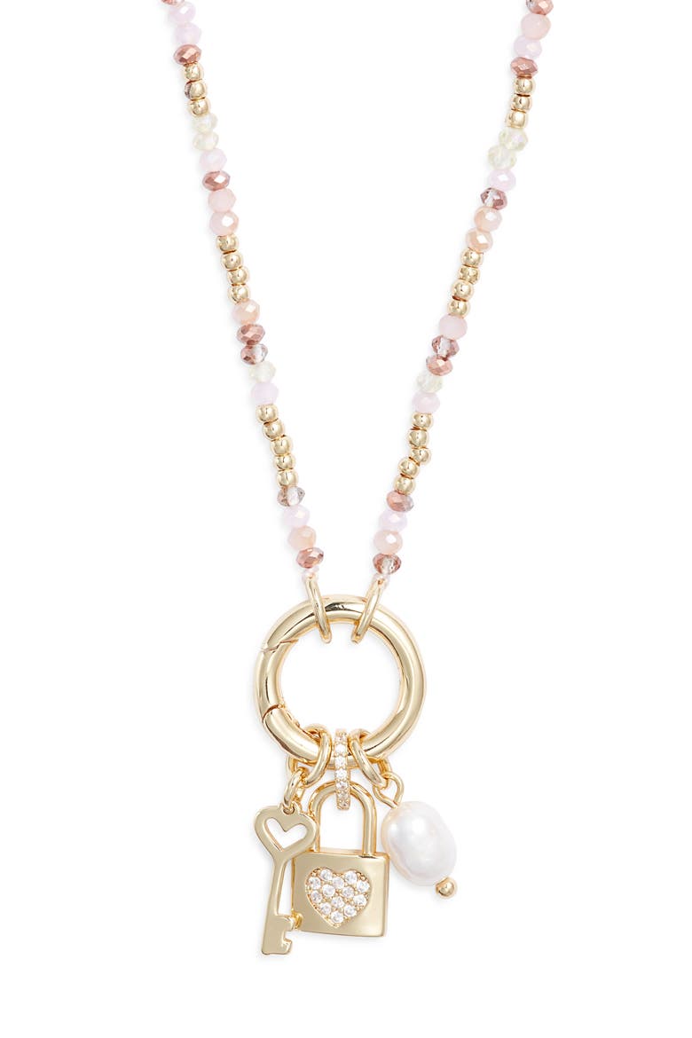 Gift Boxed Demi Fine Cubic Zirconia Bead Lock Charm Necklace, Alternate, color, BLUSH MULTI- GOLD